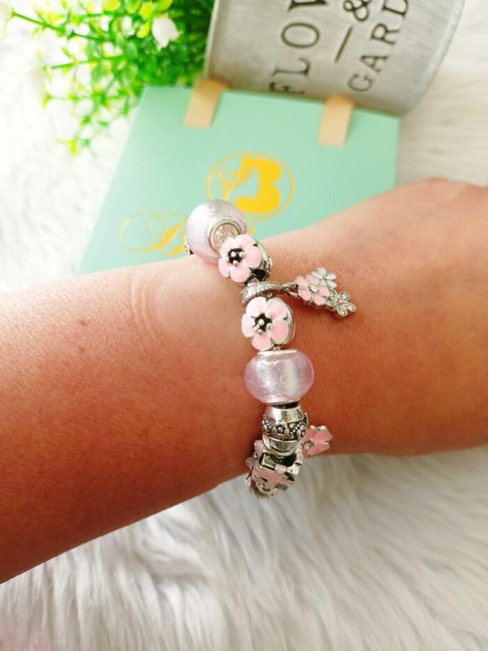 Pink Beads and Triple Flower Charm Bracelet - Image 2