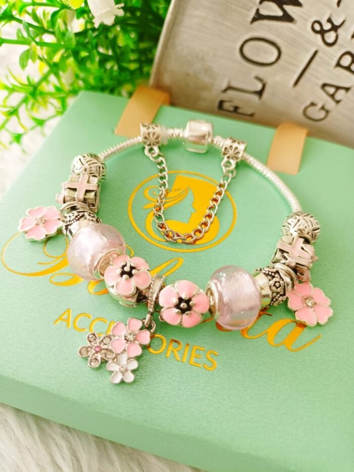 Pink Beads and Triple Flower Charm Bracelet