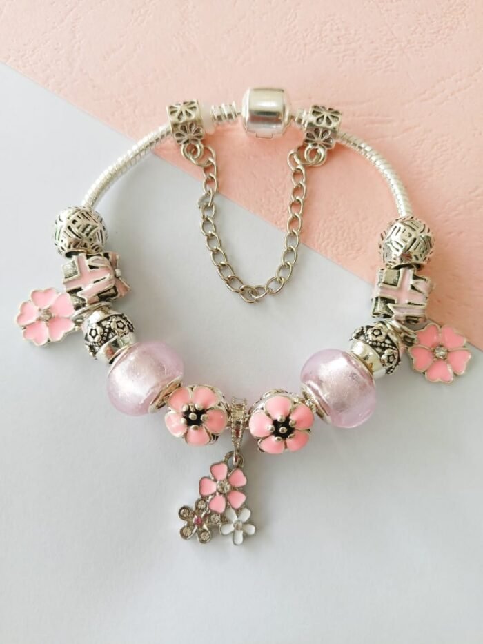 Pink Beads and Triple Flower Charm Bracelet - Image 3